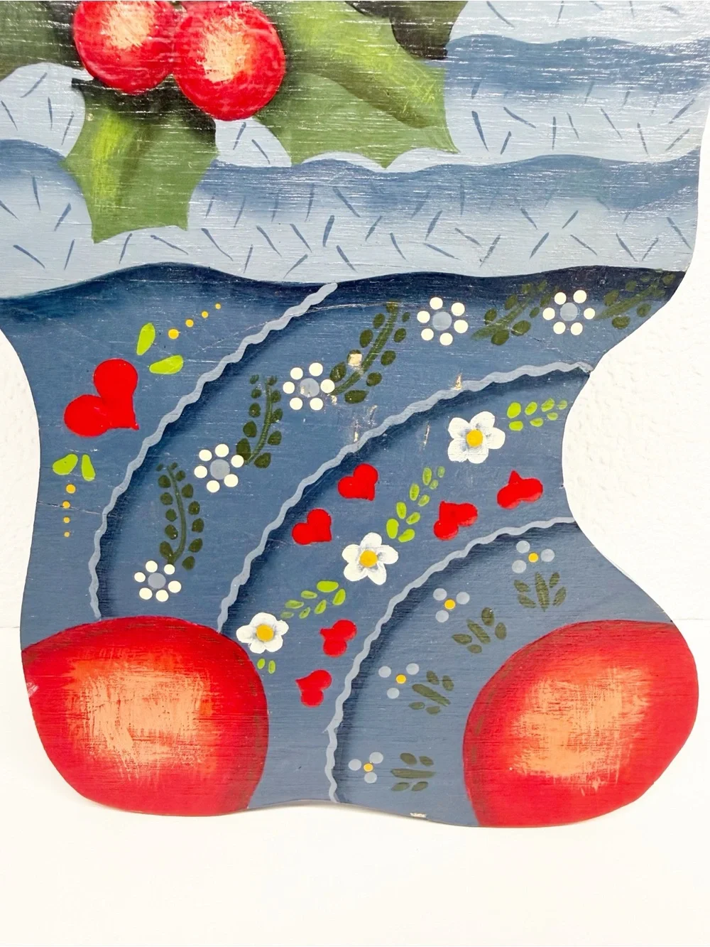 Vintage Hand Painted Wood Christmas Floral Stocking